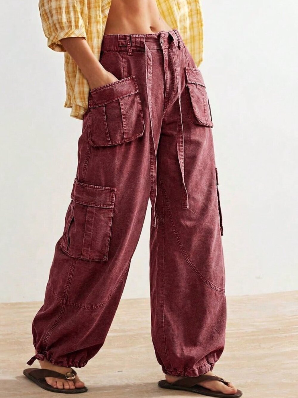 Burgundy Casual Women's Woven Loose Drawstring Waist Low-Rise Wide Leg Pants - Picture 8 of 10